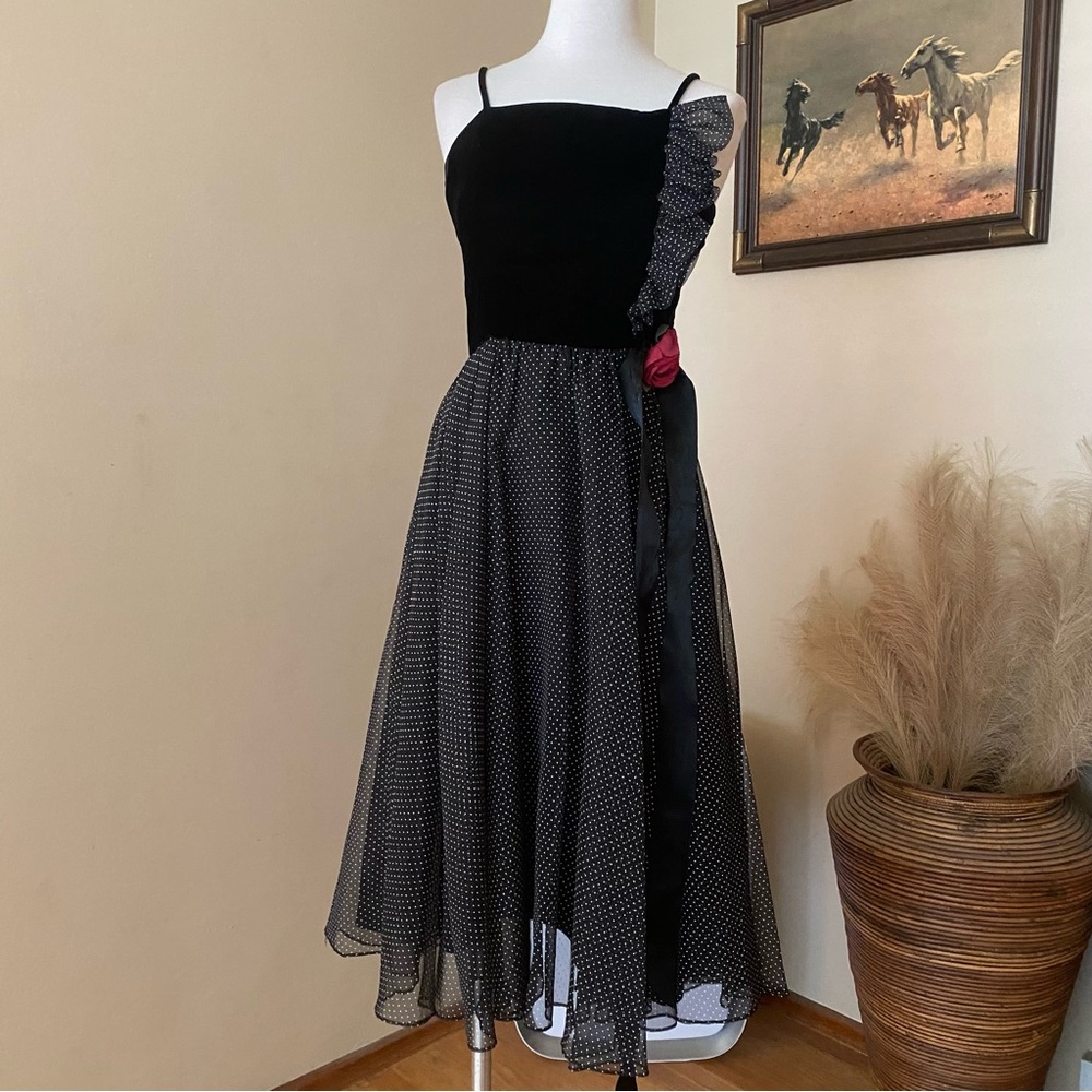 Vintage Polka Dot Velvet Formal MIDI Dress Black